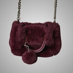Isaac Mizrahi Burgundy Faux Fur Pom Pom Handbag Chain Shoulder Bag